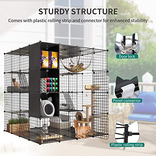 YITAHOME Großer Katzenkäfig mit Aufbewahrungswürfel DIY Indoor Katzengehege Metall-Katzenlaufstall mit großer Hängematte für 1–4 Katzen, 4-stöckige Katzenhütte für Katzen, Schwarz 140 x 140 x 140 cm