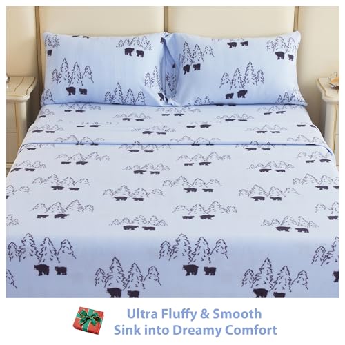 Image of Softan Fleece Sheets Full Size, Flannel Like Soft, Velvet Polar Microfleece Sheets for Winter, Blue Bear