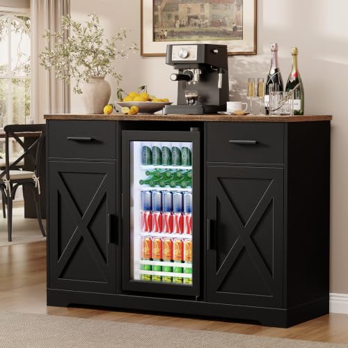 Aauro Home Large Coffee Bar Cabinet with Fridge (Fridge Included) 47 Farmhouse Bar Cabinet with Wine Storage Buffet Sideboard Table Station with 2 Drawers & Large Countertop for Home Black