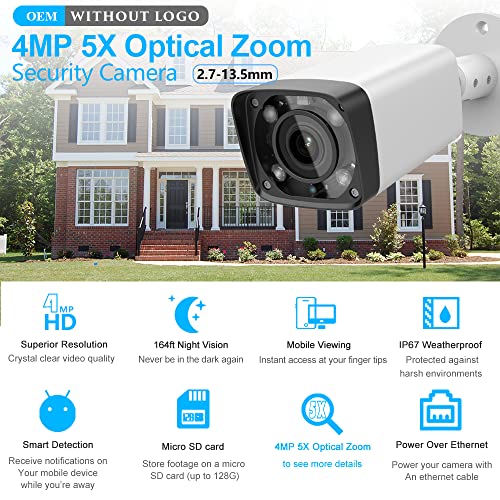 PANOEAGLE 4MP HD POE IP Camera Outdoor,2.7-13.5mm Motorized Varifocal Lens 5X Optical Zoom, All-Metal Bullet Camera,256GB SD Card Slot, 262ft Smart IR Night Vision, WDR,IP67