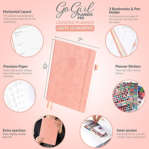 Gogirl Planner Pro - Undated Horizontal Layout Weekly Planner And Organizer + Budgeting And Expense Tracking Pages, Goals Journal & Agenda, 7" X 10" Hardcover, Lasts 1 Year - Peach Pink #TOP1