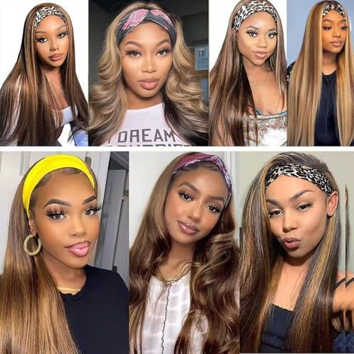 Image of Celiarita Ombre Headband Wig Human Hair Straight 22 Inch Glueless #2 /30 Highlight Colored 150% Density Brazilian Virgin Straight Human Hair Headband Wigs for Black Women