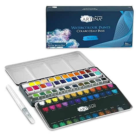 Artina Watercolour Painting Set Colaro 36 Different Watercolours - Luminous Artists Paint in Foldable Metal Box with Water Brush Pen Non-Toxic Watercolour Paint Pan Set Cover
