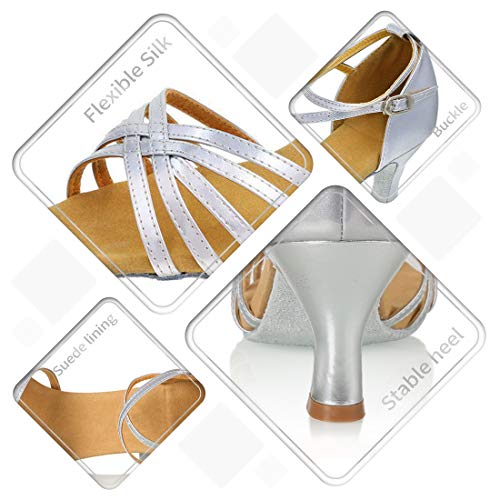 Icker Women's Professional Latin Dance Shoes Satin Salsa Ballroom Wedding Dancing Shoes 2.4'' Heel 8 Silver #TOP7