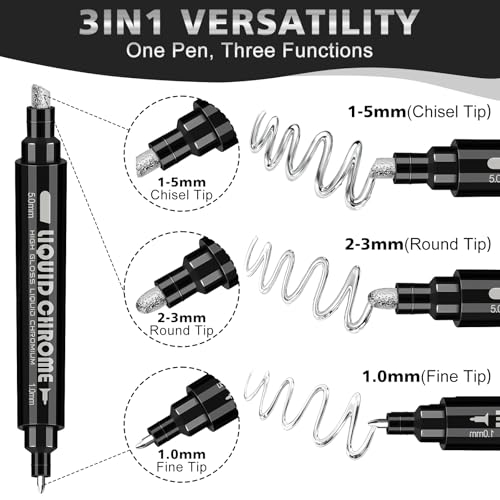 Image of SFAIH Chrome Silver Paint Markers Pens - Dual-Ended with Fine & 2-Way Reversible Tip for Metallic Mirror Finish on Any Surface - Professional, Waterproof, Permanent for Crafts, Metal, Car,Glass