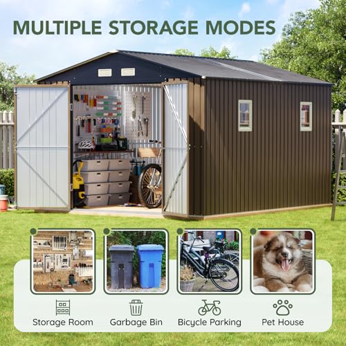 Image of Upgrade 10x12 FT Outdoor Metal Storage Shed with Floor Frame, Double Swing Doors, 2 Clear Windows, Replaceable Skylight Roof Panel, Tool Shed for Garden, Patio, Backyard Brown
