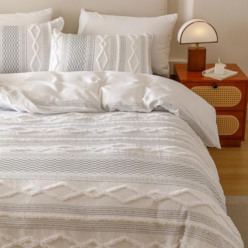 Image of KAREVER Ivory Black Boho Comforter Set Queen Mixed Textures Jacquard Bedding Set Durable Chic and Stylish Bedroom Set