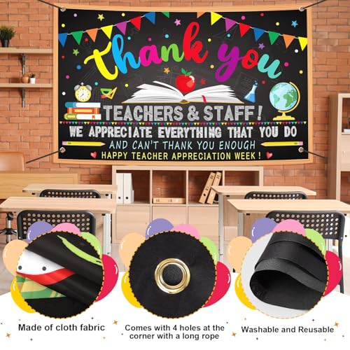 Image of Happy Teacher Day Banner Teacher Appreciation Week Decorations Flag Outdoor 71x44 Inch School Classroom Backdrop,Thank You Teacher Gifts for Indoor Home Party Supplies,Yard Sign Photography Background