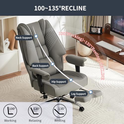 Big and Tall Office Chair 400lbs Wide Seat, Leather High Back Executive Office Chair with Foot Rest, Ergonomic Chairs Lumbar Support for Lower Back Pain Relief (Mesh Light Grey)