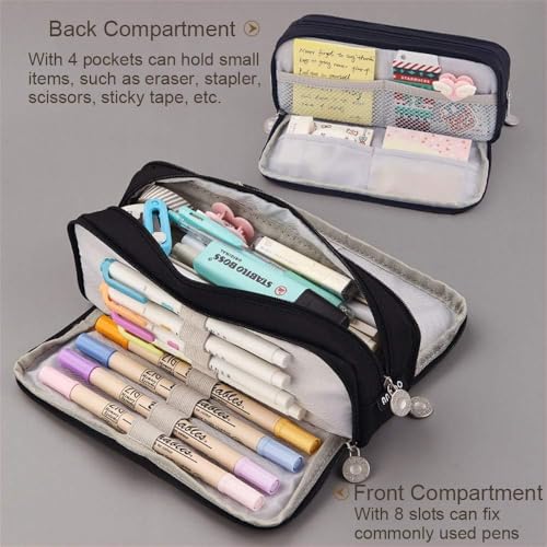 Image of Niwlix Large Capacity Pencil Box for Girls & Boys, 3 Compartments Pen & Pencil Pouches, Aesthetic Stationery Pouch for School Kids College Students, Pouch for School Girls (Black)
