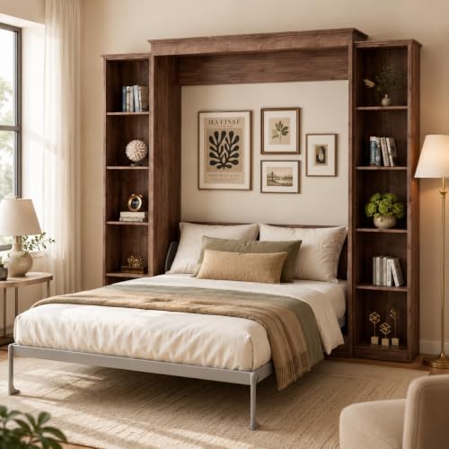 BEQAI Queen Size Murphy Bed with 2 Storage Cabinet, Farmhouse Wood Hidden Foldable Wall Bed Frame, Space Saving Beds with Shelves, Murphy Bed Queen for Guest Room,Apartment,Office,Bedroom,Walnut Color
