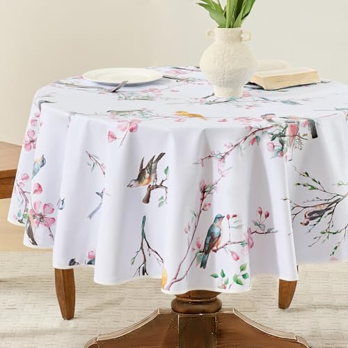 FIBORIA Grande Nappe Ronde 140 cm Toile Cirée Extérieur PVC Imperméable, Motif Fleurs & Oiseaux Printemps Élégante, Nappes Blanches, Antitache, Lavable,...
