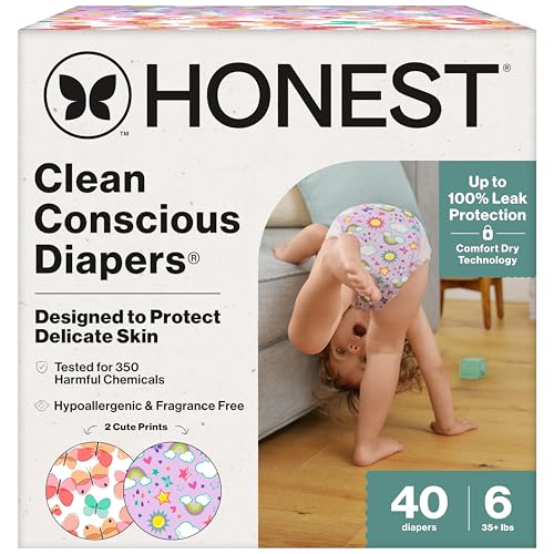 Image of The Honest Company Clean Conscious Diapers for Delicate Skin | Up to 100% Leakproof | Hypoallergenic, Fragrance Free | Girl Prints | Club Box, Size 6 (35+ lbs), 40 Count (Prints May Vary)