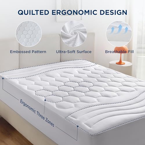 Bedsure Queen Mattress Pad - Quilted Fitted Mattress Topper Protector with 8-21 Inches Deep Pocket, Noiseless Breathable Bed Cover Padded, Machine Washable, White, 60x80 Inches