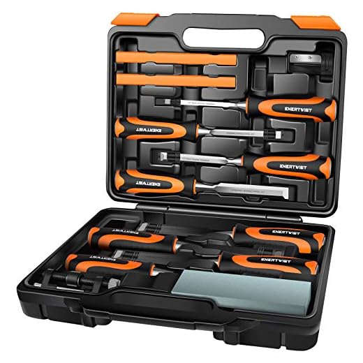 ENERTWIST 13pcs Wood Chisel Set, Premium Woodworking Chisel Sets w/ 8 CRV Construction Wood Chisels, 1 Sharpening Stone, 1 Honing Guide, 2 Carpenter Pencils, 1 Sharpener for Wood Carving in Hard Case