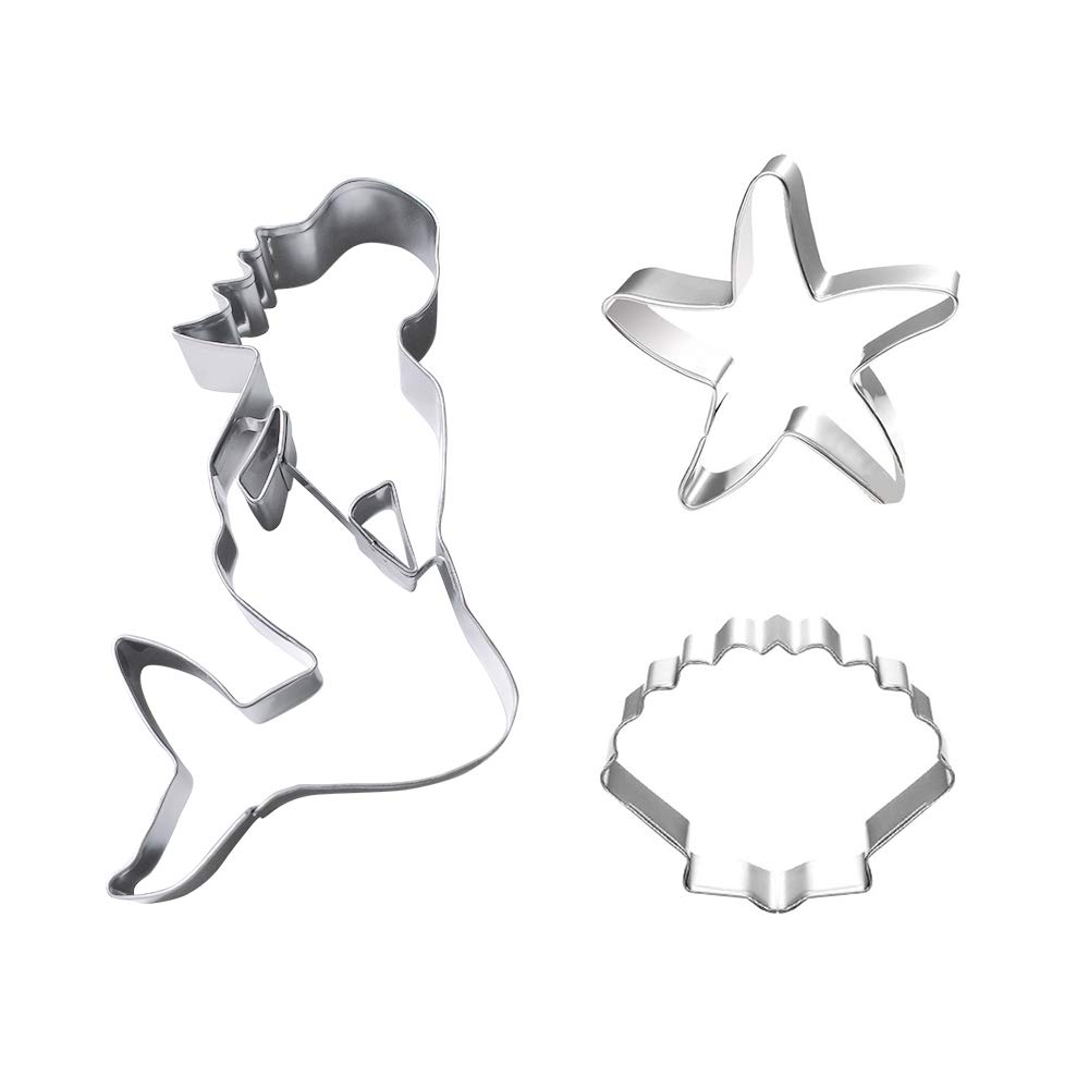 Juego de 3 cortadores de galletas de sirena, estrella de mar y concha, acero inoxidable