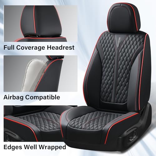 Image of Coverado Front Seat Covers, Waterproof Seat Covers, 2 Pack Nappa Leather Car Seat Covers, Black Seat Covers for Cars, Automotive Seat Covers Universal Car Seat Protector Fit for Most Cars, Black&Red