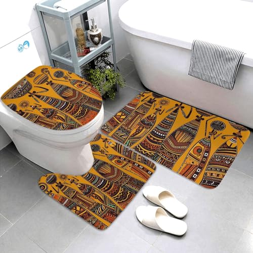 Dwrepo Creative African Culture Print Bathroom Rug Set 3 Piece with Non-Slip U-Shaped Contour Mat and Toilet Lid Cover for Bathroom Decoration