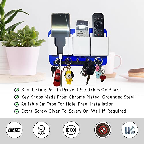 Image of Rainbow Dots ABS Remote Holder with Stainless Steel Key Hooks & Mobile Stand - Modern Wall Mount Organizer for Living Room, Entryway & Office (Blue White)