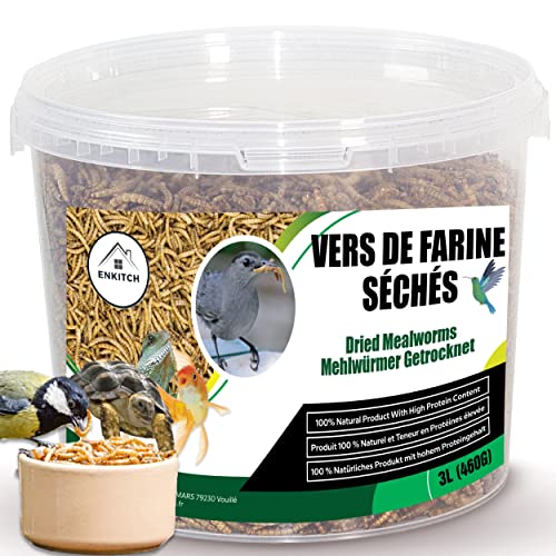 Vers de Farine séchés - Seau de 3 L - Friandises pour Oiseaux Sauvages, Tortues, Poissons, Rongeurs, Hérissons - Nourriture de qualité - Marque Française - Alimentation de Qualité Sans Conservateurs Cover