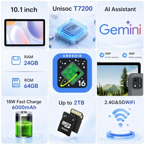 Image of Android 16 Tablet with Case,24GB RAM 64GB ROM,Octa-Core Processor, Metallic