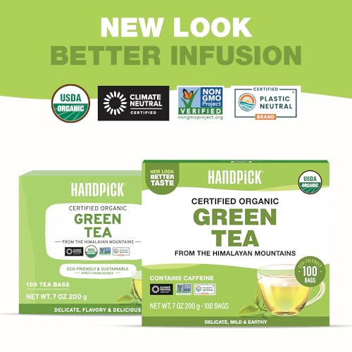 Image of HANDPICK, Organic Green Tea Bags - 100 Eco-Friendly Tea Bags | USDA Organic | Resealable Pack for Freshness | Delicate & Flavory | Direct From India (Pack of 2)