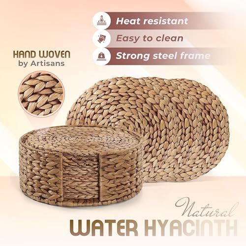 Image of BLUEWEST Woven Round Hyacinth Placemats with Holder (Pack 10), Heat Resistant, Durable and Nonslip Wicker Braided Set for Dinning Table