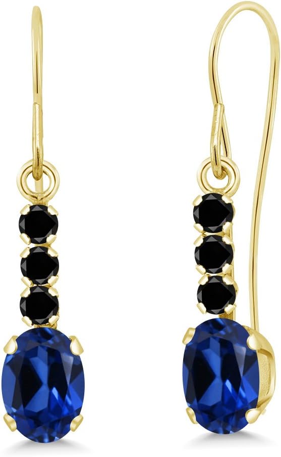 Gem Stone King 10K Yellow Gold Blue Created Sapphire and Black Diamond Drop Dangle Earrings For Women (1.56 Cttw, Gemstone September Birthstone, Oval 6X4MM)