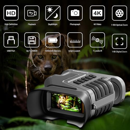Image of WOSPORTS 4K Night Vision Goggles, 10X Optical & 8X Digital Zoom, 48MP