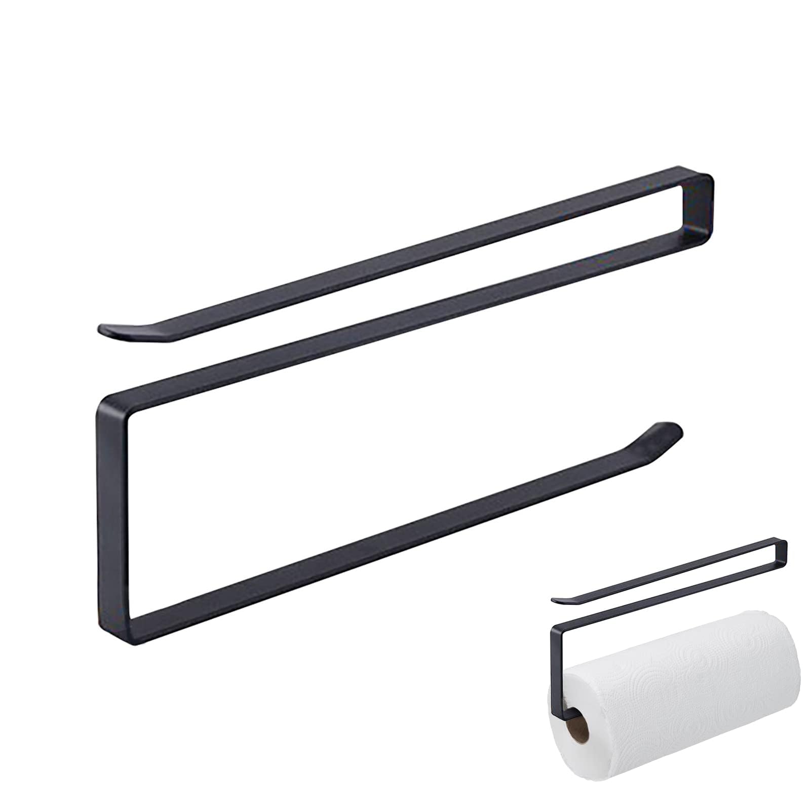 2Pcs Paper Towel Holder Under Cabinet No Drilling, Black Roll Paper Towel Rack Steel Metal Kitchen Towel Holder Paper Towel Holders for Kitchen Bathroom Toilet Without Drilling
