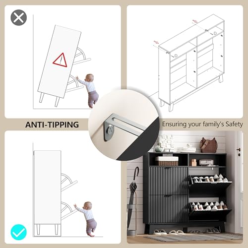 Image of Shoe Cabinet Storage for Entryway with 4 Flip Drawers, Fluted Narrow Shoe Organizer with Wooden Legs & Top Cubby, Freestanding Slim Shoe Storage Hidden Shoe Rack for Front Door Entrance, Black