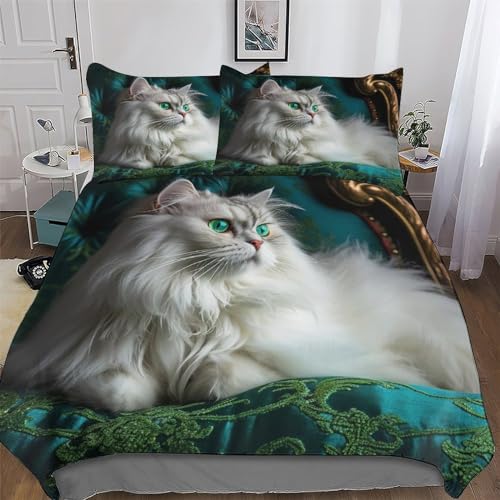 PAZZK Animal Chat Parure De Lit 3 Pièces Housse De Couette Drap Housse avec Taies D'oreillers pour Enfants Adultes Microfibre Douce Coton Housse Couette King...