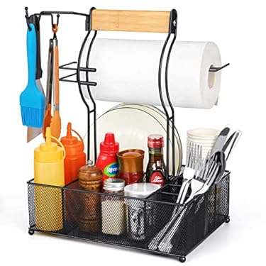 AMAZON - FANGSUN Grill Caddy, BBQ Caddy with Paper Towel Holder, Picnic Condiment Utensil Caddy for Outdoor Camping, Barbecue Accessories Storage Organizer for Griddle Grilling Tool, Rv Patio Camper Must Haves, 13.4″W x 9.6″D x 17.2″H