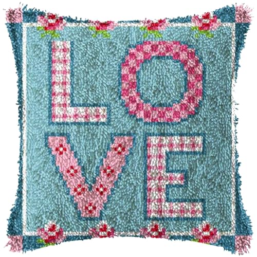 Image of ZFFLYH Latch Hook Kits for Adults DIY Throw Pillow Cover, DIY Crochet Yarn Kits Needlework Crafts Arts with Printed Canvas Home Decor Festival Gift 17X17inch,Love b