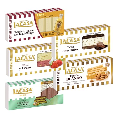 Pack Surtido 5 Turrones Lacasa:Blando, Blanco con Tequi Mango, Nata y Fresa, Tres Chocolates, Chocolate estilo Dubai con Pistacho y Kataifi