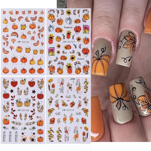 Halloween Fall Nail Art Stickers - 8 Sheets 3D Self-Adhesive Pumpkin Leaf Floral Designs Water Decals for Manicure DIY Decorations (Autumn Nail Supplies)