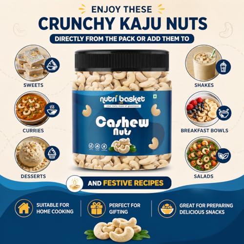 Image of NUTRI BASKET Whole Cashews /Kaju | Premium Unsalted Cashew Nuts | Rich in Protein, Magnesium & Phosphorus | Crunchy Fresh Dry Fruits for Snacking, Cooking, Desserts & Daily Nutrition (150g)