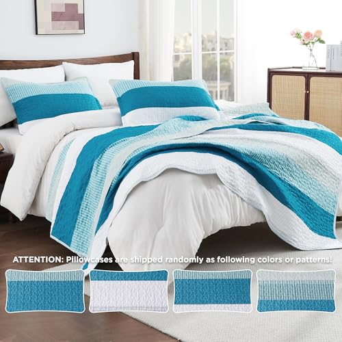 Image of Andency Teal White Quilt Queen(90x96Inch), 3 Pieces (1 Striped Quilt and 2 Pillowcases) Patchwork Bedspread Coverlet Set, Soft Lightweight Quilted Bedding Set