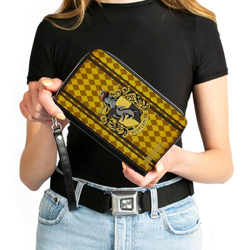 Buckle-Down The Wizarding World of Harry Potter Wallet, Zip Around, Hufflepuff Crest Stripes Diamonds Gold Browns, Vegan Leather4