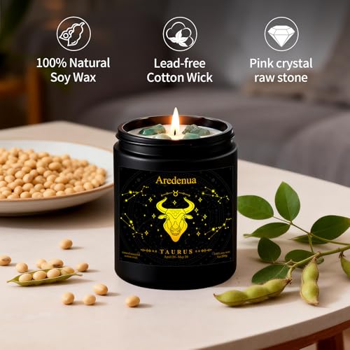 Image of Taurus Zodiac Candles with Aventurine Crystals, Balsamic Cedar Scent | Astrology Taurus Birthday Gifts for Women Men, Black Gift Box, 7 oz Soy Candle, 50 Hour Burn Time, Black Jar