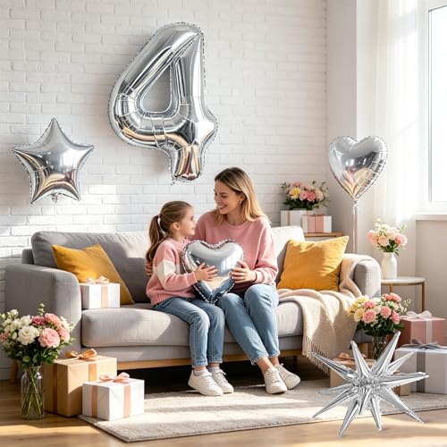Image of TONIFUL 4th Birthday Balloons Kit 40Inch Silver Large Number 4 Foil Balloon | with 18Inch Helium Mylar Heart Star Balloons for Kids Women Men Birthday Anniversary Graduation New Year Eve Party Decoration