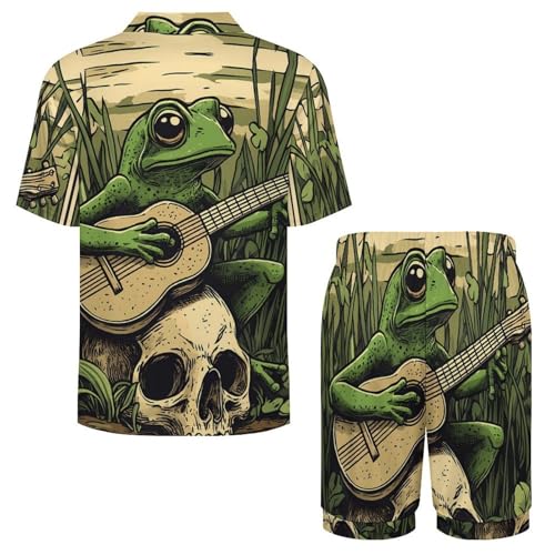 Frog Playing Banjo on Skull Mens Pajamas Set Short Sleeve Sleepwear Summer Pjs Sets 2 Piece Loungewear Nightwear4