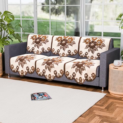 Image of Kuber Industries (Set of 6) Stylish & Durable Cotton Sofa Covers 3 Seater | Washable Sofa Protector /Mat | Suitable Slipcover for Living Room & Office | Painting Print- Cream & Brown