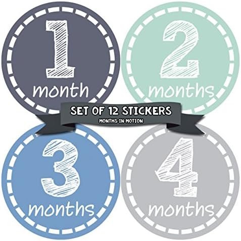 Months in Motion Baby Monthly Stickers - Baby Milestone Stickers - Newborn Boy Stickers - Month Stickers for Baby Boy - Baby Boy Stickers - Newborn Monthly Milestone Stickers (12 Count)