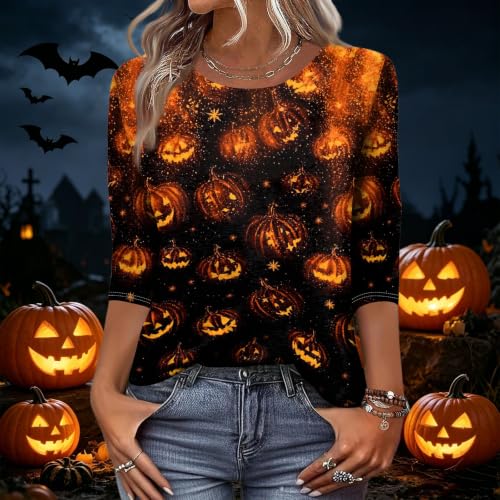 Image of Women Spooky Halloween Graphic Shirt 3 /4 Length Sleeve Crewneck Top | Halloween Funny Printed Pumpkin Plus Size Tshirts 2026 Fall Outfits Skeleton Tee Going Out Tops