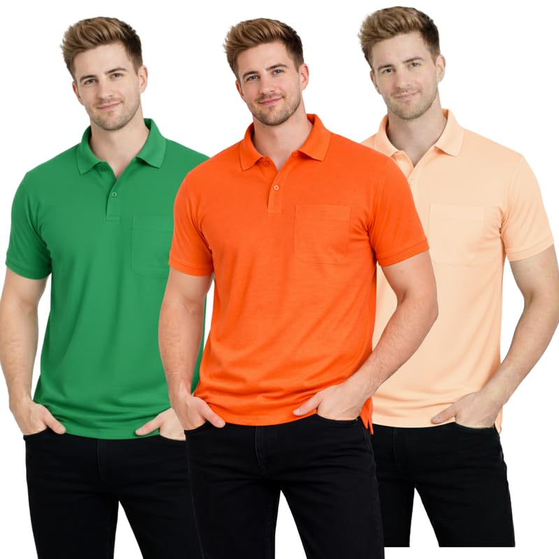 Image of SMAN Polo Neck T-Shirt Pack of 3 for Men & Boys | Half Sleeve Collar Tee with Pocket | Premium Spun Matty Fabric | Casual & Office Wear | Sizes M to 2XL | FX PO3 MCR ORN PCH
