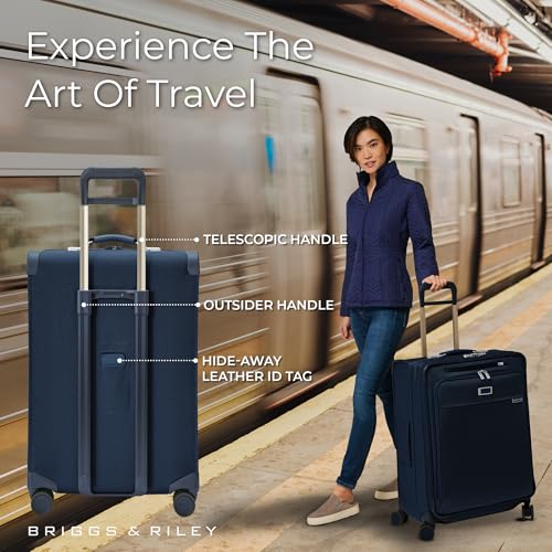 Image of Briggs & Riley 26 inch Medium Expandable Spinner - Checked Luggage for Travel, Suitcases with Wheels, Softside Rolling Bag for Men & Women, Self-Repairing Zipper - Baseline Collection, Navy
