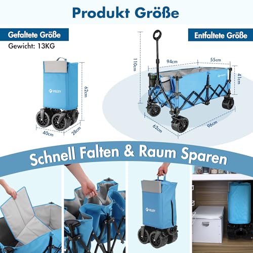 VILLEY Bollerwagen Faltbar 220L 150KG, 10x18cm Extra Breite Reifen, All Terrain XXL Handwagen klappbar mit Bremsen, Transportwagen Einkaufstrolley für Camping Strand Einkaufen, Blau – Bild 8