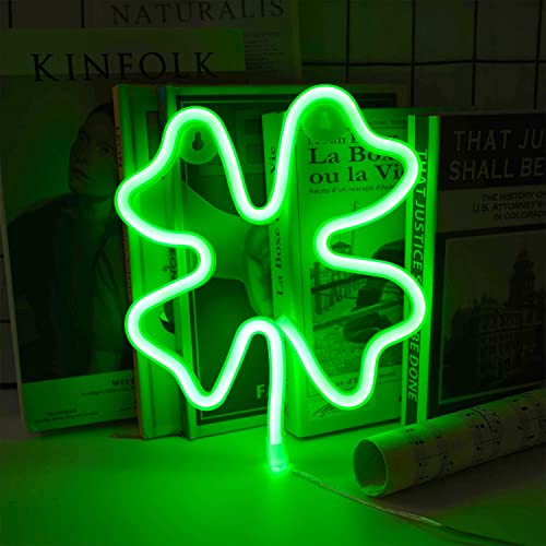 Image of Neon Sign Shamrock Shaped St. Patrick's Day Night Light, USB & Battery Operated Green Clover Glowing Decorative Irish Shamrock Light for Room Party Decorations