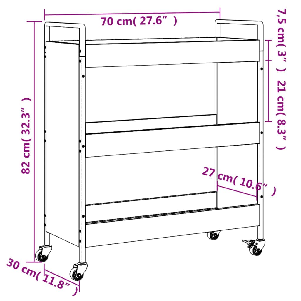 Mangloder - Carro de cocina gris Sonoma 70 x 30 x 82 cm, de material de madera, con 4 ruedas, 2 frenos, carrito con ruedas como carrito auxiliar, estante con ruedas y almacenamiento para cocina, baño